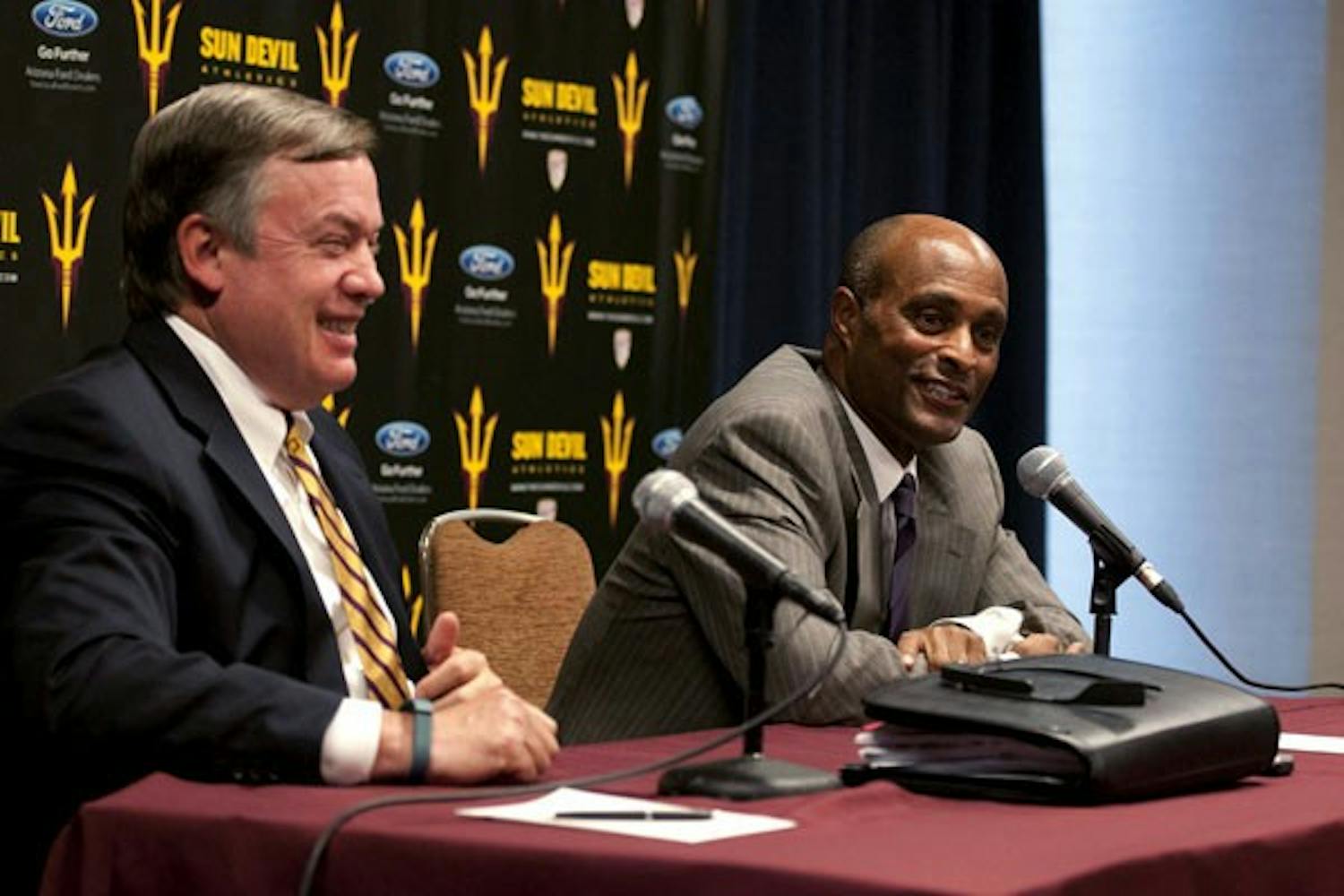 Ray Anderson, ASU's new athletic director, is introduced by President Michael Crow at a press conference on Thursday, Jan. 9. Both said they see the transition as a new opportunity as well as a new destination for Anderson's career. (Photo by Mario Mendez)