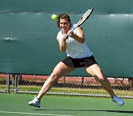 UPSET CITY: ASU junior Kelcy McKenna shows off her backhand during the Sun Devils’ win against Oregon earlier this month at the Whiteman Tennis Center. The Sun Devils beat No. 10 Cal on Saturday, 4-3. (Photo Courtesy of Steve Rodriguez)