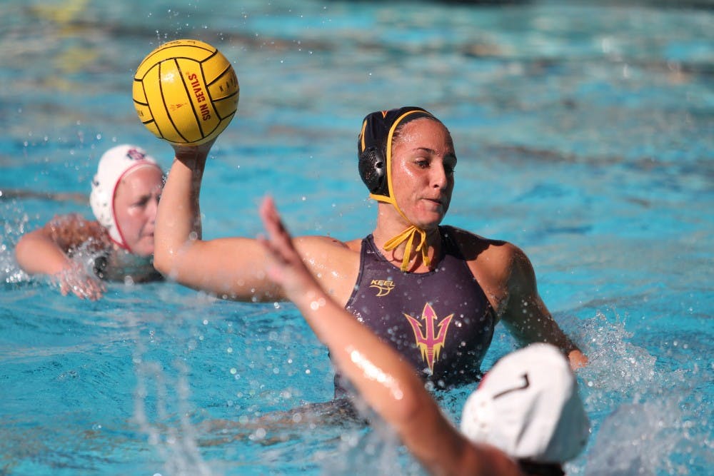 ASU junior (7) attempts to score during the water polo game against San Diego State University in Mona Plummer Aquatic Center in Tempe, Arizona on Saturday, Jan. 27, 2017. ASU won 13-4.