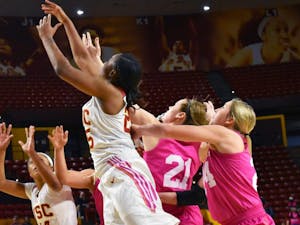 The ball rebounds after being shot by Arizona State University in a game against the University of Southern California on Sunday, Feb. 7, 2016, at the Wells Fargo Arena in Tempe.  