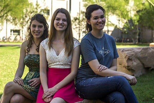 (Left to right) Justice studies sophomore Erin Schulte, accountancy sophomore Jessica Hocken and finance and management senior Jasmine Anglen created All Walks, which raises awareness for sex trafficking in Phoenix. The project was introduced at the Clinton Global Initiative University in March 2014. (Photo by Alexis Macklin)