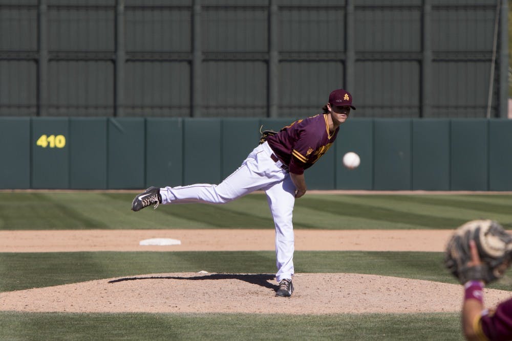 Senior Darin Gillies allows no hits in three innings pitched against Long Beach State at Phoenix Municipal Stadium on Sunday March 08, 2015. The Sun Devils defeated the Dirtbags 9-3. (Jacob Stanek/The State Press)