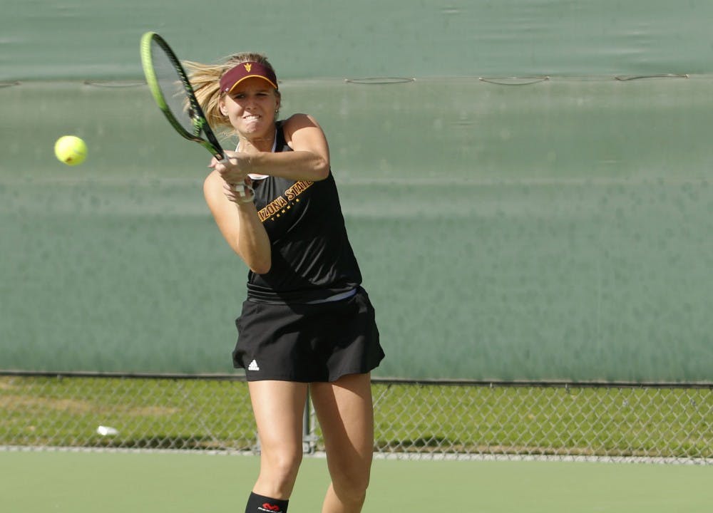 ASU sophomore Sammi Hampton competes in a singles match against Nevada at the Whitemans Tennis Center in Tempe, Arizone on Friday Feb. 17, 2017. 