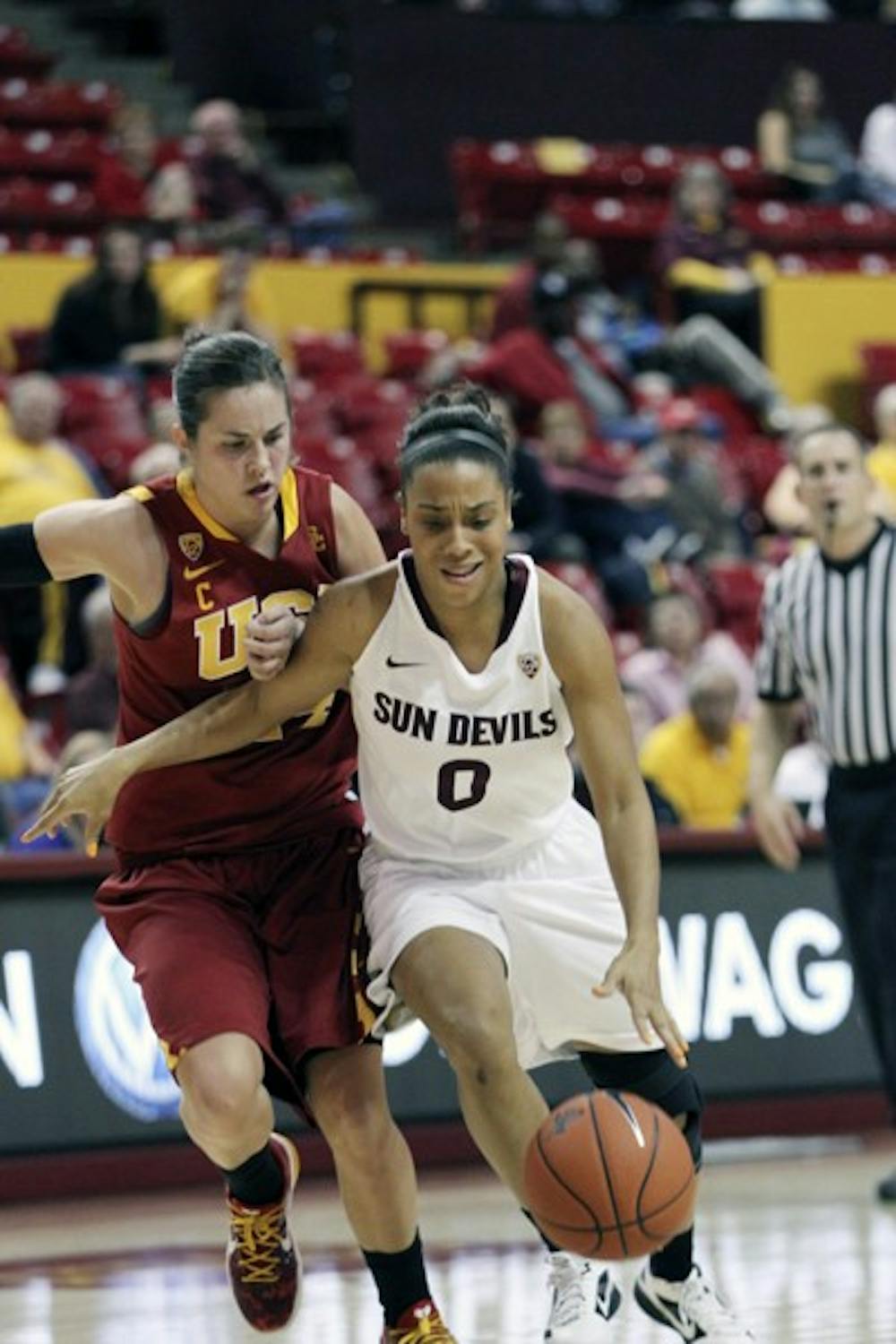 Olivia Major protects the ball in a game against USC Jan. 5. The Sun Devils are looking for Major to contribute offensively in their upcoming games against Oregon and Oregon State. (Photo by Sam Rosenbaum)