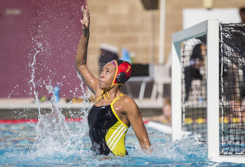 ASU goalie Mia Rycraw prepares to deflect a shot-on-goal during a game against the Indiana University Hoosiers at Mona Plummer Aquatic Center in Tempe, Ariz., on Sunday, Jan. 24, 2015. The Sun Devils won the game with a final score of 23-4. 