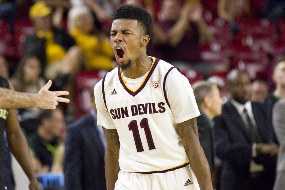 ASU junior guard Shannon Evans II (11) gets fired up after a big play in the second half of a 96-74 victory over the Cal Poly Mustangs in Wells Fargo Arena in Tempe, Arizona on Sunday, Nov. 13, 2016.