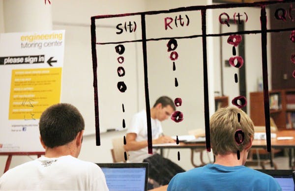 X EQUALS: Equations and charts cover the window of the Engineering Tutoring Center as students study in the background last Wednesday morning. (Photo by Rosie Gochnour)