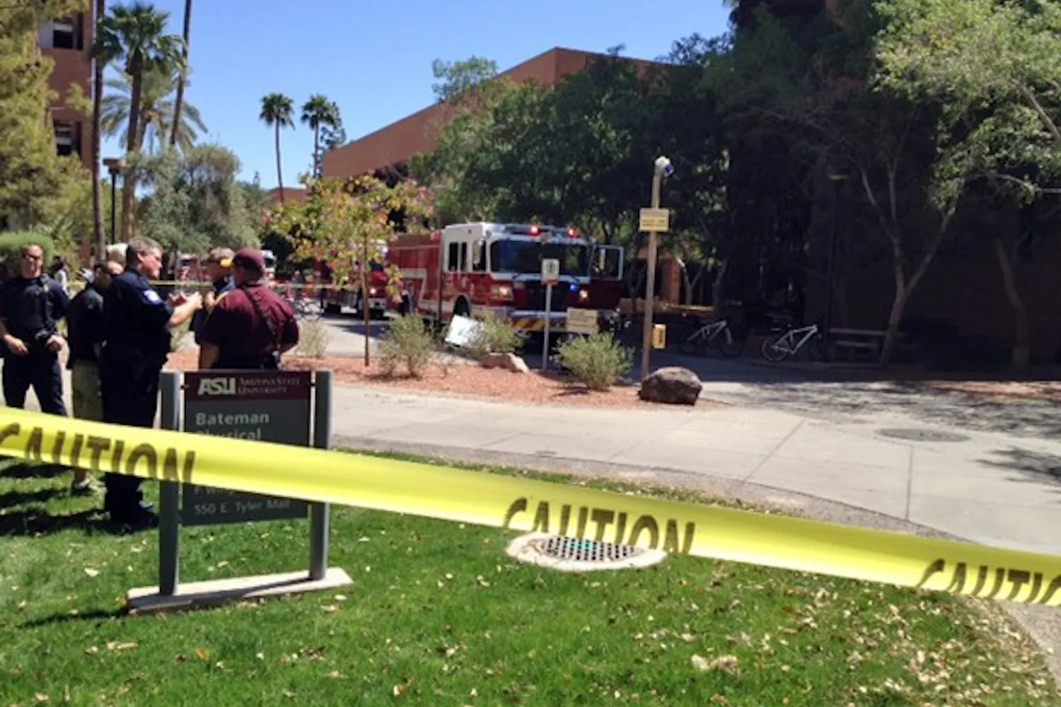 A small fire that started from an overheated laptop evacuated the Engineering Research Center on the Tempe campus Tuesday morning. No one was hurt. (Photo by Shawn Raymundo)