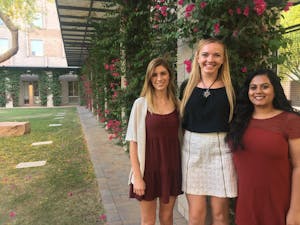 Participants of the Period Project,&nbsp;Emma Giles, Haley Gerber and Pashmi Mehta outside of Honors Hall on April 17.
