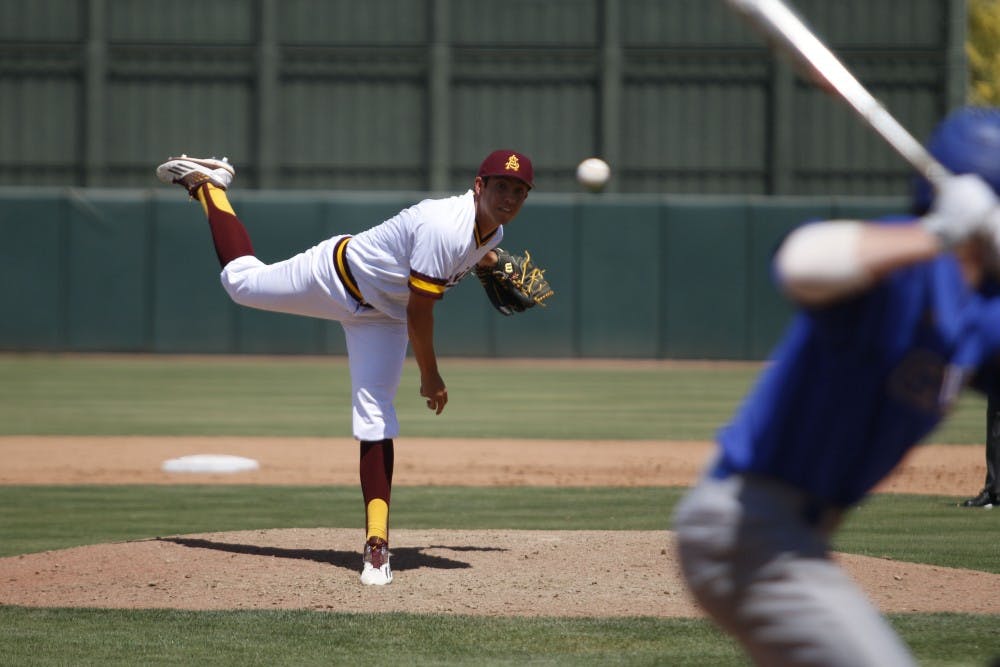 ASU senior right-handed pitcher Eder Erives (7) pitches the ball in a baseball game versus CSU Bakersfield at the Phoenix Municipal Stadium in Tempe, Arizona on Sunday, April 23, 2017. The Sun Devils lost 8-6.