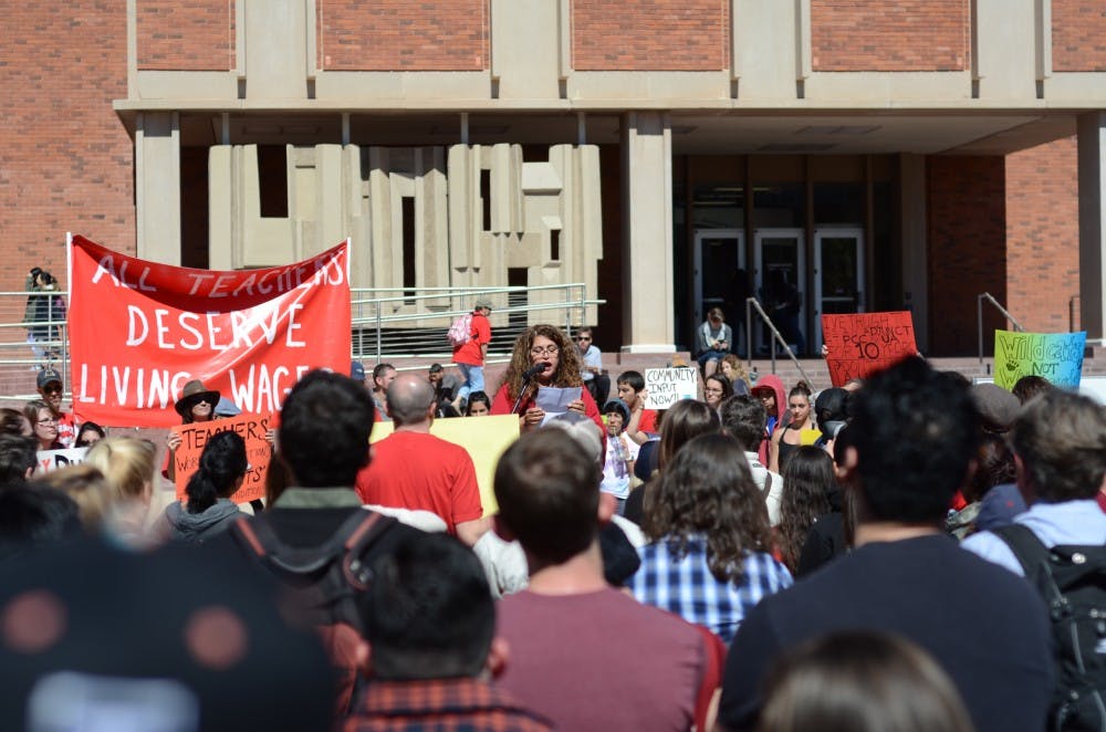 UA Gender & Women's Studies associate professor Sandra Soto explains her views on why adjunct professors deserve better treatment outside of the Administration Building at UA on Wednesday, Feb. 25, in Tucson. (Photo courtesy of Rebecca Noble/The Daily Wildcat)