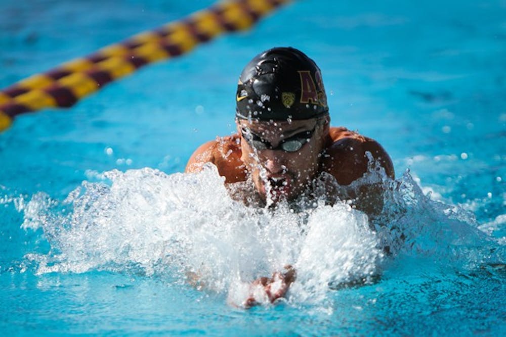 Senior Denix Hekmati swims the breaststroke at a Friday, Jan. 11, swim meet against BYU. The men on the swimming team are looking to improve their performance, which was aided by Friday's defeat of BYU. (Photo by Sam Rosenbaum)