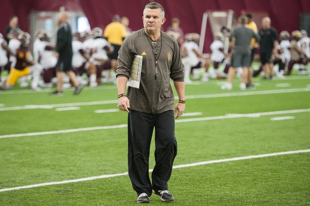 Head coach Todd Graham approaches the sideline during ASU football practice on Thursday, Aug. 6, 2015, at the Verde Dickey Dome in Tempe.