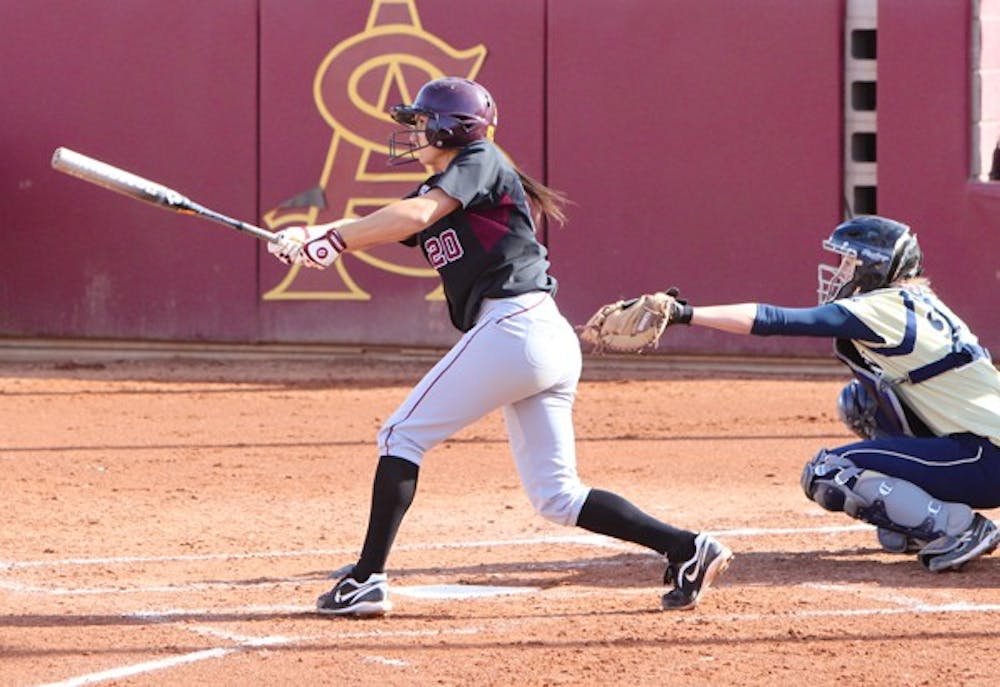 Streak snapped: ASU Sophomore Sam Parlich takes a cut during the Sun Devils’ victory over Creighton earlier in the season. No. 5 ASU went 4-1 in the Judi Garman Classic over the weekend but had its 23-game winning streak broken by No. 6 Michigan on Thursday. (Photo by Rosie Gochnour)