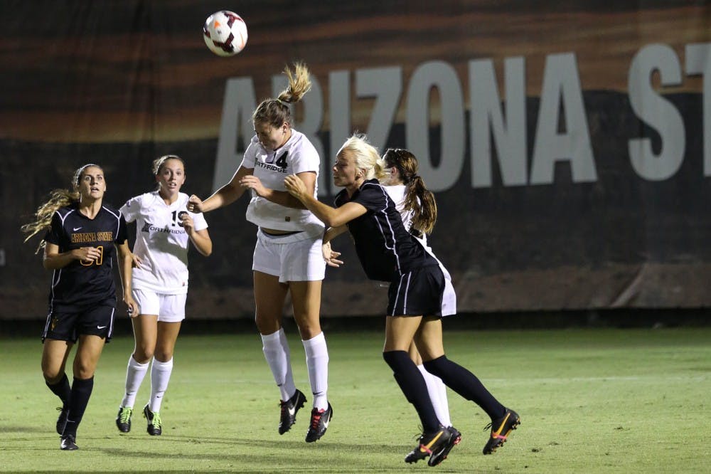 ASU tries to regain control while Cal State Northridge player Chloe McDaniel jumps to head the ball. This weekend the 