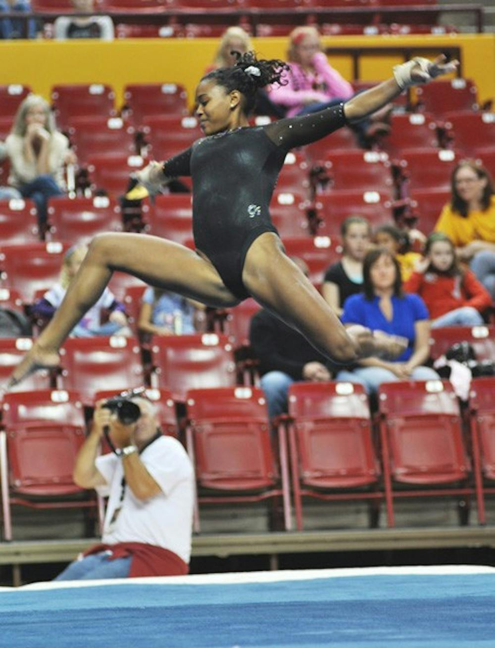 Disappointing finish: ASU sophomore Nickie Johnson performs on floor during the Sun Devils’ win over Washington on Feb. 18. Johnson had a strong showing on Saturday in the Pac-10 championships, but overall the team posted a season-low 190.450 in Los Angeles.  (Photo by Sierra Smith)