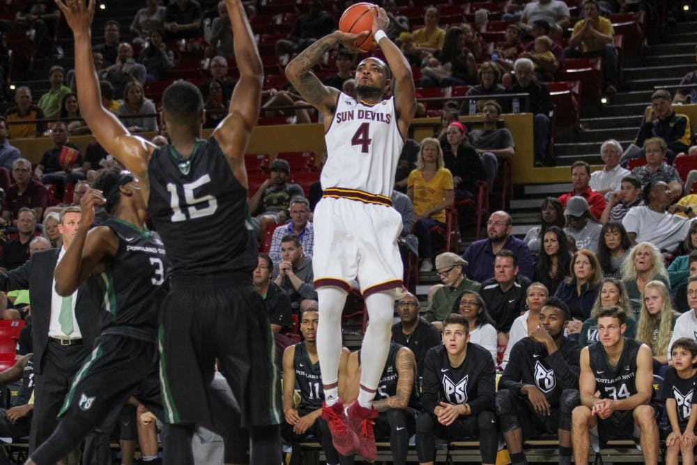 Senior Torian Graham (4) shoots from the outside in an ASU men’s basketball game against Portland State at Wells Fargo Arena on Friday, Nov. 11, 2016.