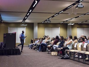 DeRay Mckessen, a civil rights activist, speaks to students at Arizona State University about the Black Lives Matter movement, Monday, March 21, 2017.