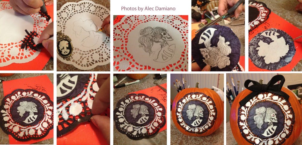 From right to left, the step by step process of creating the ultimate Halloween pumpkin.