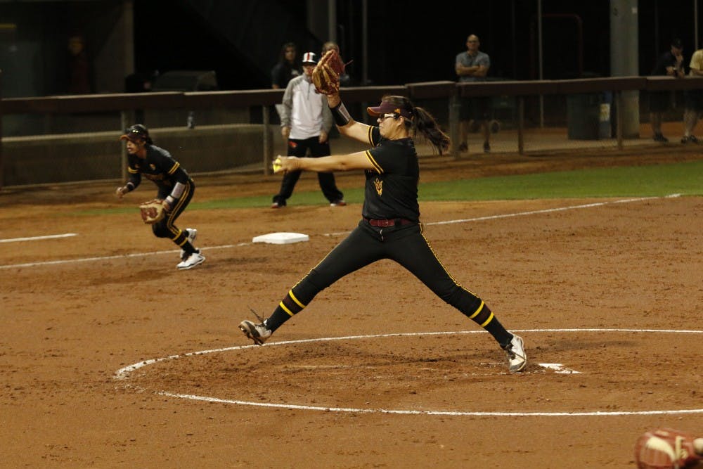 ASU freshman left handed pitcher Giselle “G” Juarez (45) pitches the ball in a softball game versus Oregon State University at Alberta B. Farrington Stadium in Tempe, Arizona on Sunday, March 26, 2017. The Sun Devils won the game 11-0.