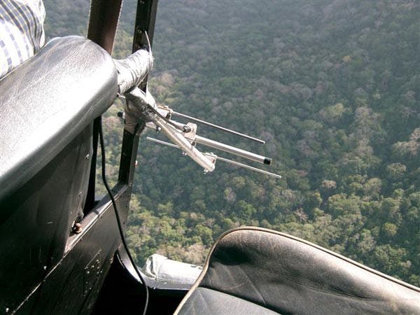 ORCHID BEE RESEARCH: A helicopter flies over Panama to track radio-tagged Orchid Bees. A partnership between ASU's School of Life Sciences and the Smithsonian Tropical Research Institute allows virtual interaction between ASU students and scientists in Panama. (Photo Courtesy of Roland Kays)