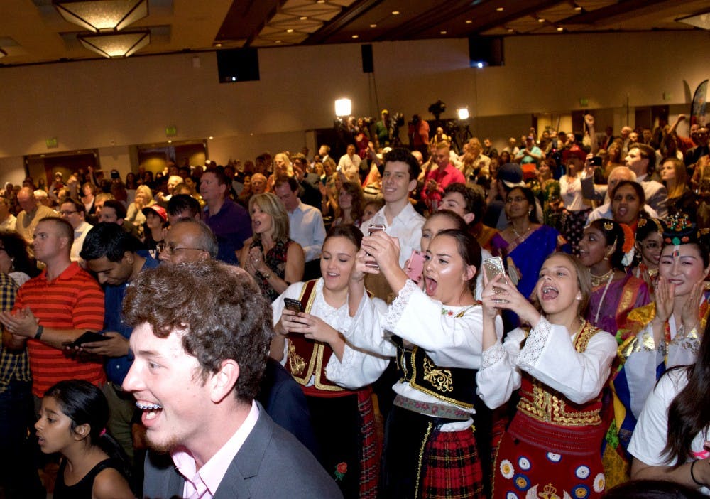 Supporters react during a viewing party for the Arizona State GOP at the Hyatt Regency Hotel on Tuesday, Nov. 9, 2016.