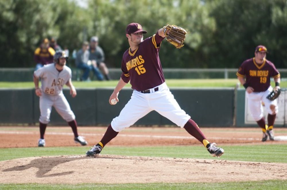 Sophomore pitcher Darin Gillies turns off his right foot and lands on his left as he delivers a pitch in the ASU alumni game on Feb. 9. Gillies is set to pitch on Sunday Feb. 17 against Bethune-Cookman. (Photo by Molly J. Smith)
