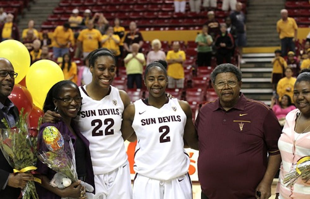 Seniors forward Janae Fulcher and guard Michaela Pickens take in their last game at Wells Fargo Arena on March 3. Both Fulcher and Pickens hope it was not their game of competitive basketball. (Photo by Sam Rosenbaum)