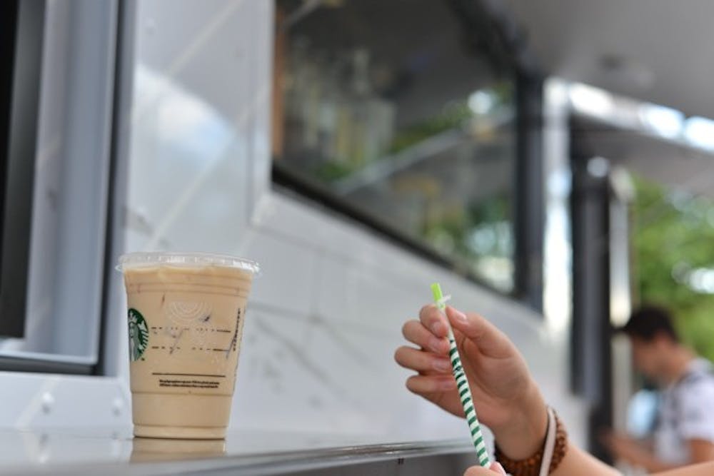 A freshly made drink sits on the counter at the Starbucks Truck at Tempe. A full menu of drinks will be available for order. (Photo by Andrew Ybanez)