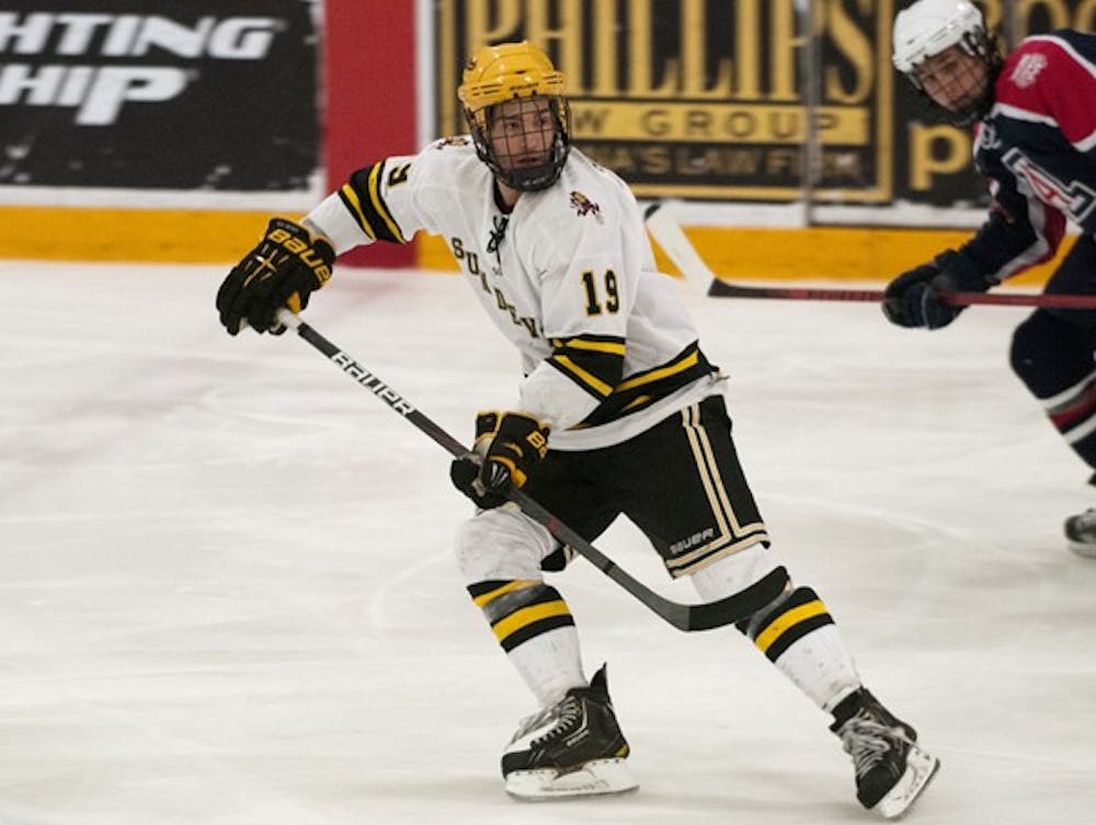 Forward Dan Styrna at a Feb. 2 game against UA at Oceanside Arena. The club hockey team is headed to the ACHA National Tournament in Chicago. (Photo by Molly J. Smith)