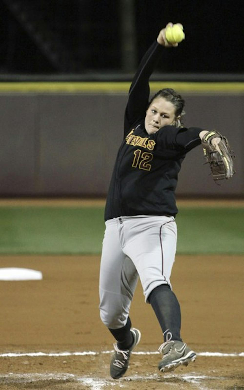 Dallas Escobedo pitches in the Littlewood Classic on Feb. 17. Escobedo threw her first no-hitter of the season during the Sun Devils’ sweep of Central Connecticut State University last weekend. (Photo by Sam Rosenbaum)
