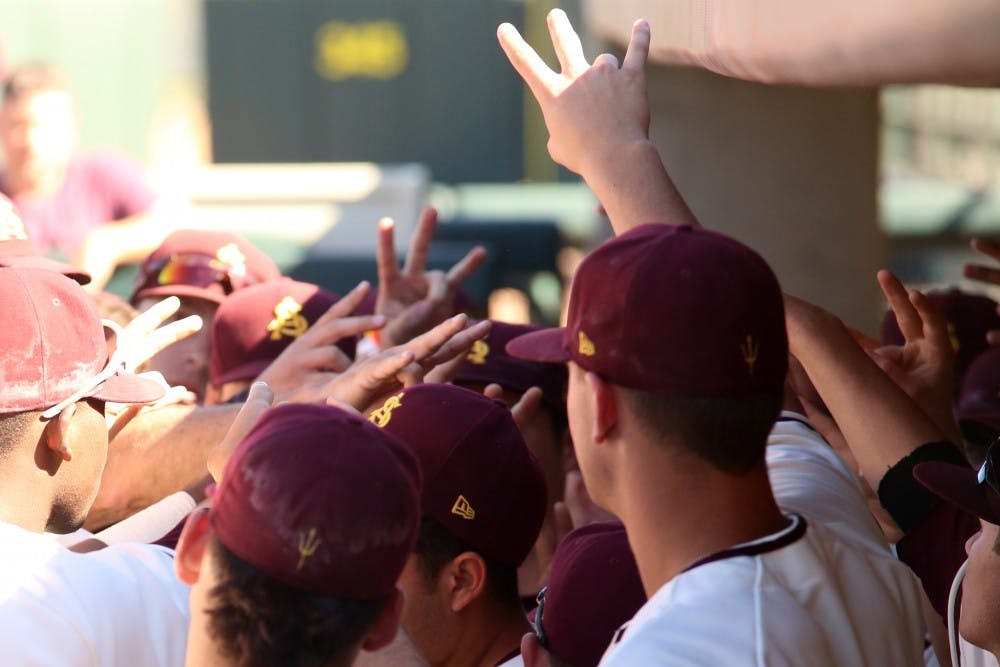 ASU baseball breaks out after the Maroon and Gold scrimmage on Saturday, Feb. 13, 2016, at the Phoenix Municipal Stadium. 