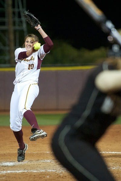Gathering Momentum: ASU junior Hillary Bach winds up for a pitch during the Sun Devils’ season opener against Western Michigan on Feb. 10. ASU will host Michigan State for a three-game series starting Friday. (Photo by Michael Arellano)