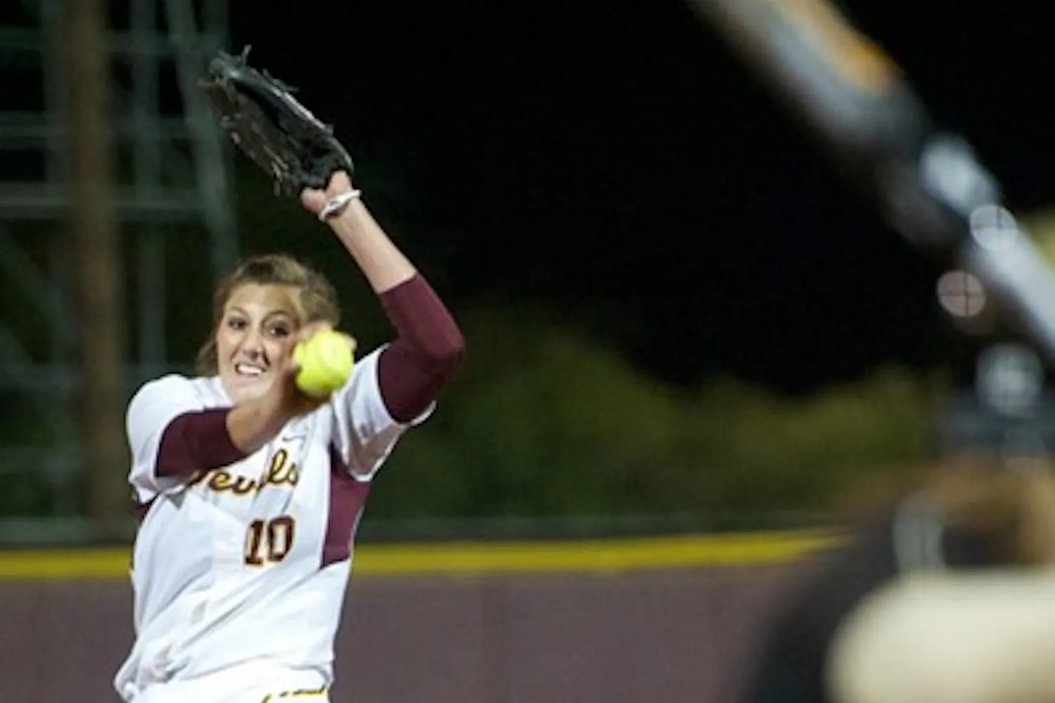 Gathering Momentum: ASU junior Hillary Bach winds up for a pitch during the Sun Devils’ season opener against Western Michigan on Feb. 10. ASU will host Michigan State for a three-game series starting Friday. (Photo by Michael Arellano)