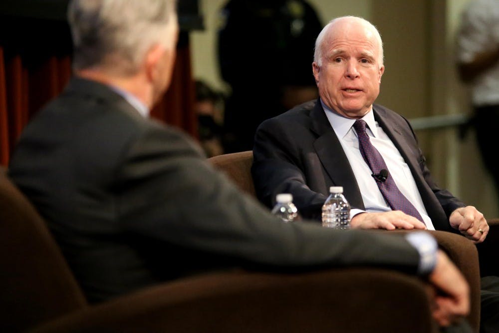 Arizona Republican Senator John McCain is interviewed by Cronkite School professor Jeff Cunningham at the Cronkite School in downtown Phoenix on Friday, Feb. 19, 2016. 