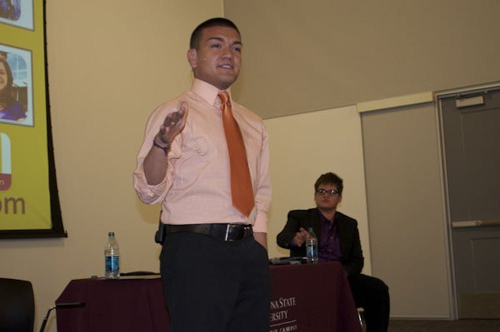 STUDENT DEBATE: Freshman Andres Cano introduces himself Tuesday at the ASASUD debate for the downtown presidential position, as his opponent junior Christian Vasquez looks on. (Photo by Molly Smith)