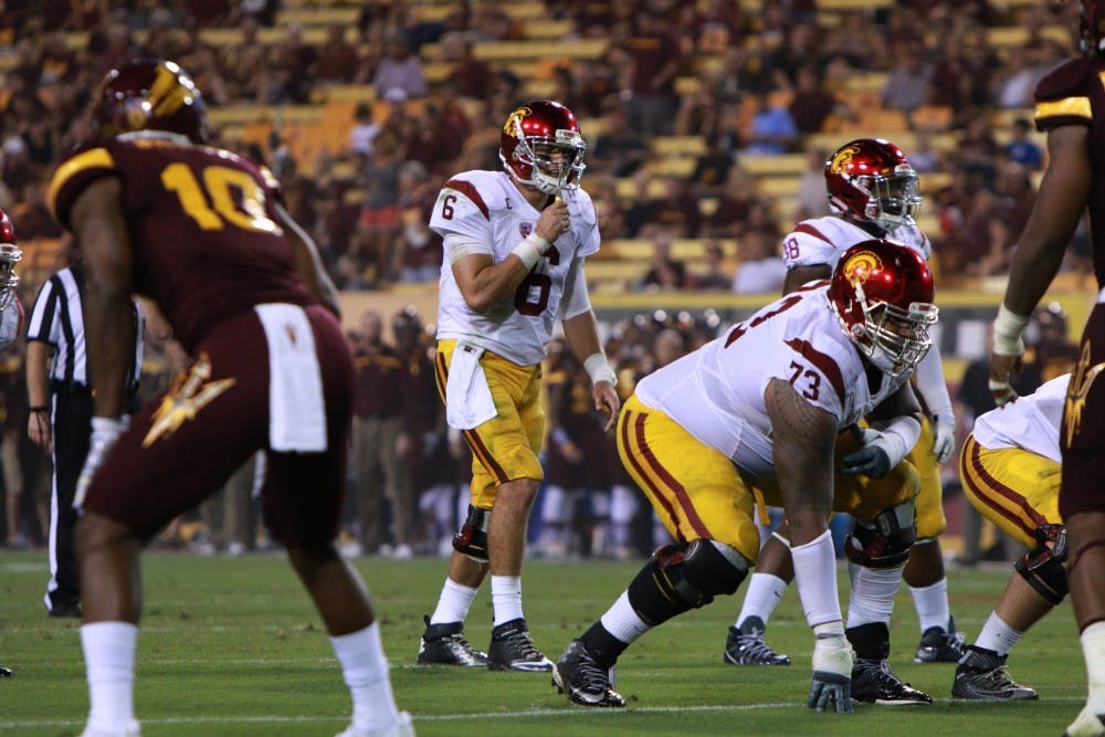 USC redshirt senior quarter back Cody Kessler signals his players before the snap in the fourth quarter after the game against University of Southern California Saturday, Sept. 26, 2015 at Sun Devil Stadium in Tempe. The Trojans defeated the Sun Devils 42-14. 
