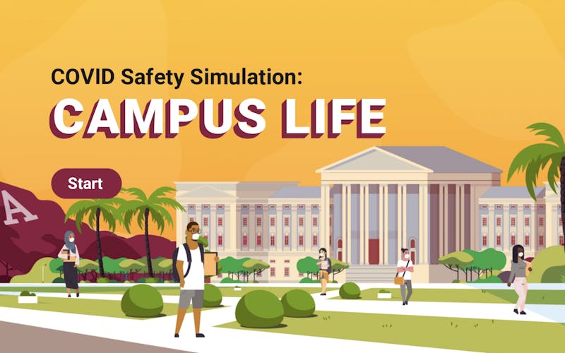 The splash screen for "COVID Safety Simulation: Campus Life," a game by XR@ASU, is displayed. The game shows players the possible outcomes of a COVID outbreak on ASU campuses.