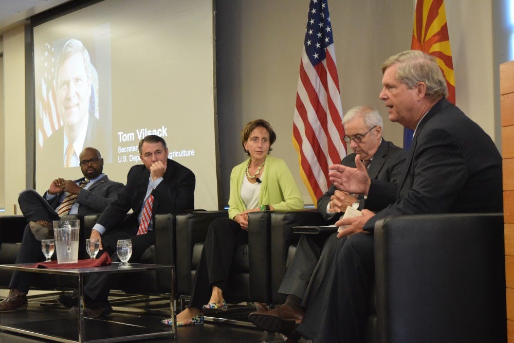 Tom Vilsack,&nbsp;United States Secretary of Agriculture,&nbsp;runs a panel discussion at&nbsp;the Fall Sustainability Forum at ASU's Tempe campus on Wednesday, Sept. 14, 2016.&nbsp;From left to right:&nbsp;Osvaldo Sala, Diane Holdorf, Mark Killian,&nbsp;Marshall Johnson and Tom Vilsack.