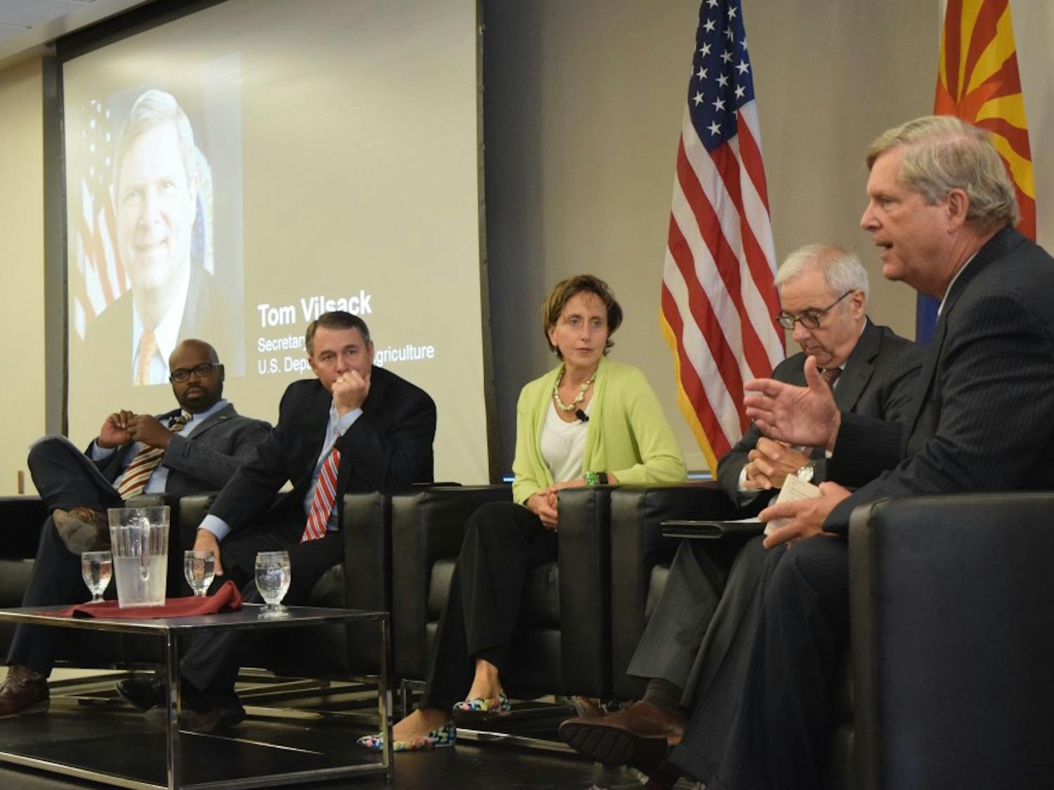 Tom Vilsack,&nbsp;United States Secretary of Agriculture,&nbsp;runs a panel discussion at&nbsp;the Fall Sustainability Forum at ASU's Tempe campus on Wednesday, Sept. 14, 2016.&nbsp;From left to right:&nbsp;Osvaldo Sala, Diane Holdorf, Mark Killian,&nbsp;Marshall Johnson and Tom Vilsack.