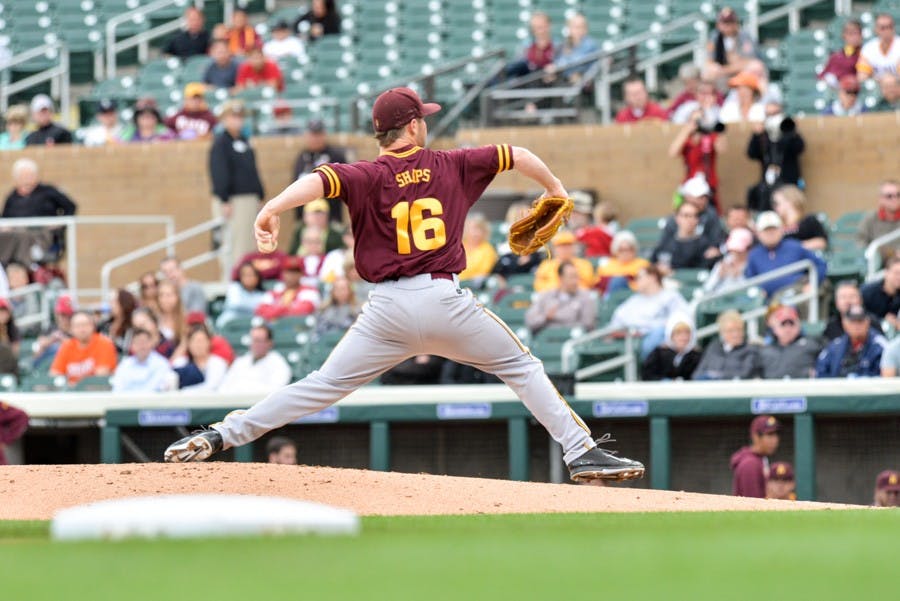 Freshman pitcher Andrew Shaps takes his turn on the mound for the Sun Devils Tuesday afternoon as the Arizona State Sun Devils faced off with Arzona Diamondbacks in a pre-season exhibition game Tuesday, March 3, 2015 at Salt River Fields at Talking Stick Resort in North Scottsdale, Arizona. The Diamondbacks would go on to win against Arizona State 4-0. (J. Bauer-Leffler/The State Press)