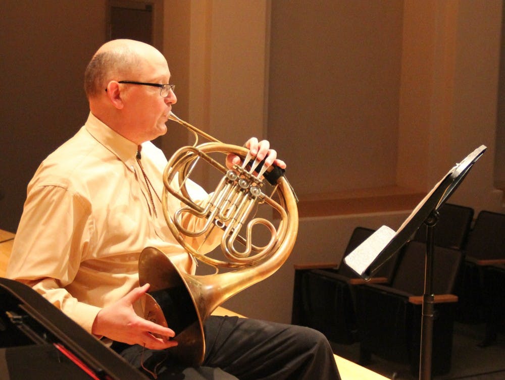 ASU professor&nbsp;John Ericson performing a song on the&nbsp;french horn in Spring 2016.
