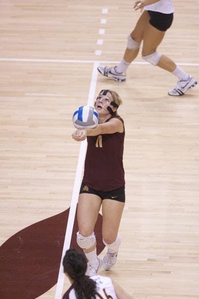 SMOOTH STRIKE: Senior libero Sarah Johnson bumps a volley during a conference match up with California earlier this season. The Sun Devils collected their first Pac-10 win Saturday with a win over Oregon State in five sets. (Photo by Scott Stuk)