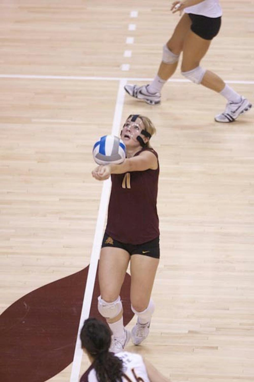 SMOOTH STRIKE: Senior libero Sarah Johnson bumps a volley during a conference match up with California earlier this season. The Sun Devils collected their first Pac-10 win Saturday with a win over Oregon State in five sets. (Photo by Scott Stuk)