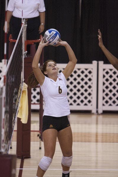 AIR BALL: Freshman setter Stephanie Preach places a ball for a teammate during last weekend's ASU Sheraton Classic. The volleyball team plays another three games in this weekend's ASU Sheraton Invitational. (Photo by Scott Stuk)