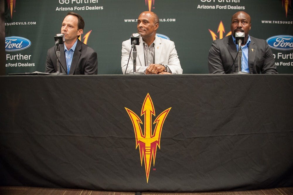 Associate athletic director Rocky Harris (left), Athletic Director Ray Anderson and associate athletic director Scotty Graham announce ASU's addition of women's triathlon and women's lacrosse on Tuesday, Oct. 20, 2015, at the Dutson Theater in the Carson Student-Athlete Center on the Tempe campus.