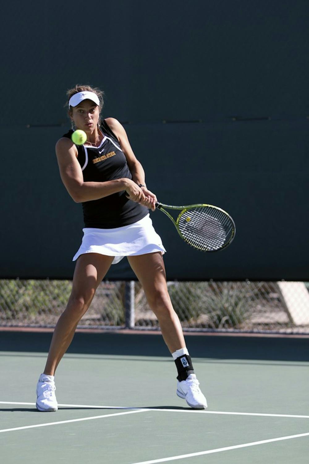 Jacqueline Cako prepares to hit a backhand in a match against Sacramento State on March 2. Cako and the Sun Devils defeated both Oregon and Washington 5–2 last weekend. (Photo by Sam Rosenbaum)