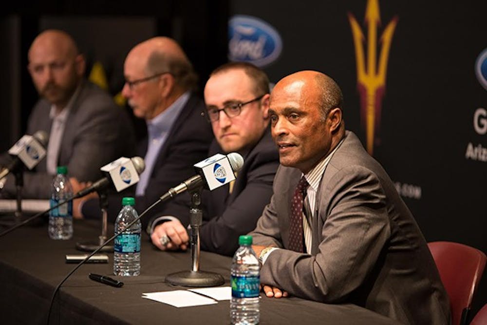 ASU Athletic Director Ray Anderson explains how the elevation of ASU Men’s Ice Hockey program to NCAA Division 1 status at a press conference on Tuesday, Nov. 18, 2014. The ASU Men’s Ice Hockey program is now added as a NCAA sport. (Photo by Ryan Liu)
