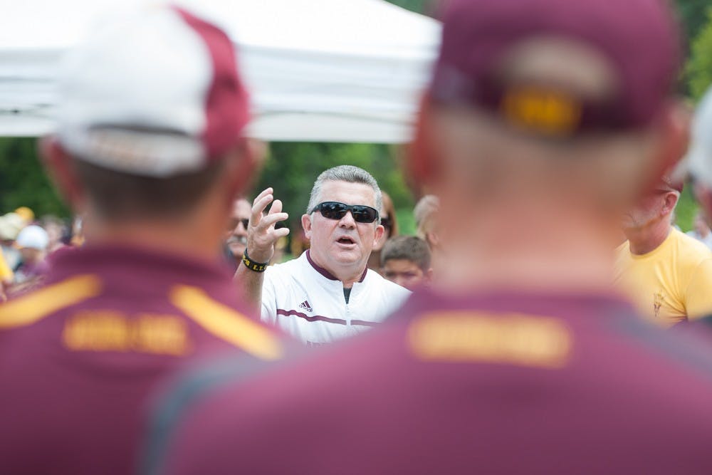Head coach Todd Graham gives a speech to fans during the last day of Camp Tontozona on Saturday, Aug. 15, 2015, in Payson, Arizona.