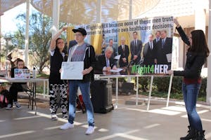 Students pose for a photo during&nbsp;a Fight4HER campaign at the Memorial Union on the ASU's Tempe campus on Wednesday, Feb. 15, 2017.